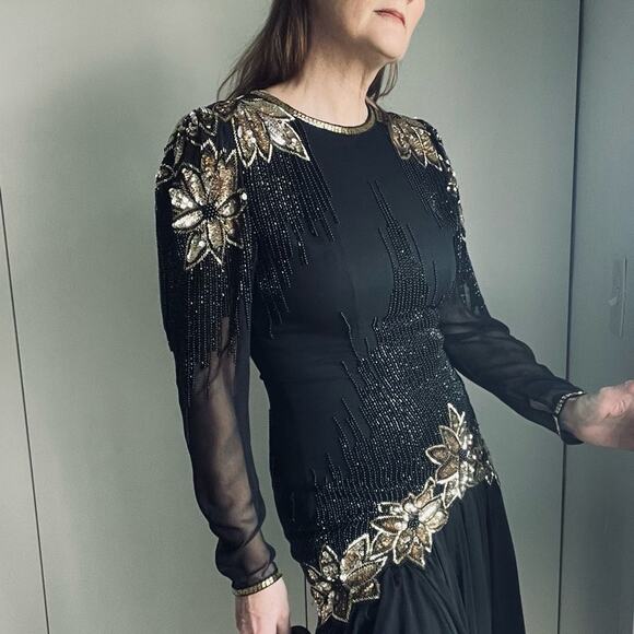 Vintage 90s Dress Sequin Beaded Party Cocktail Formals Red Carpet Black Gold s/6 - Picture 10 of 14